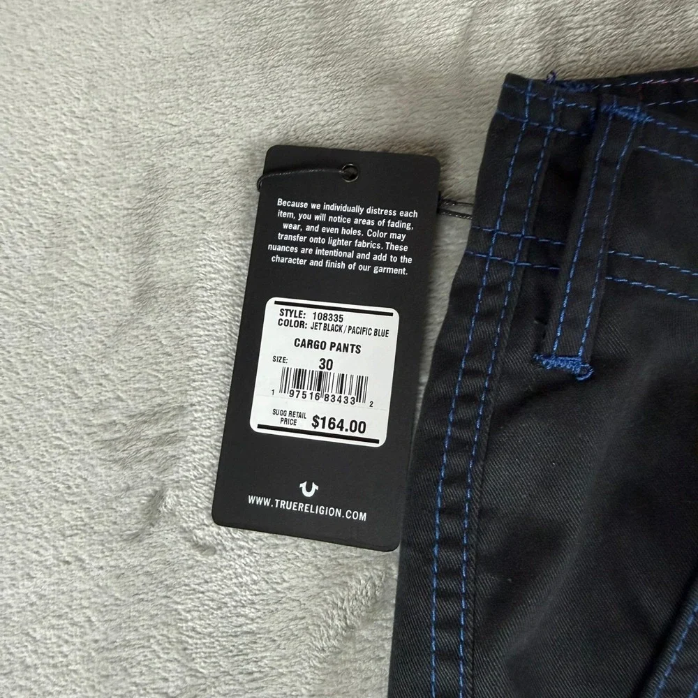 True Religion Cargo Pants Mens 30x32 Jet Black w/ Blue Stitching $164 New NWT